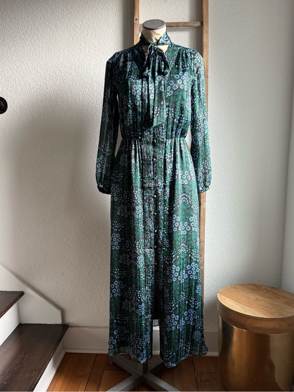 Banana Republic x Olivia Palermo Green Floral Tie-Neck Maxi Shirtdress sz: XS